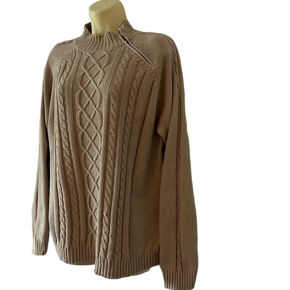 Studio Works Beige Cotton Knit Sweater Woman Size Large Diagonal Zipper - Picture 2 of 7